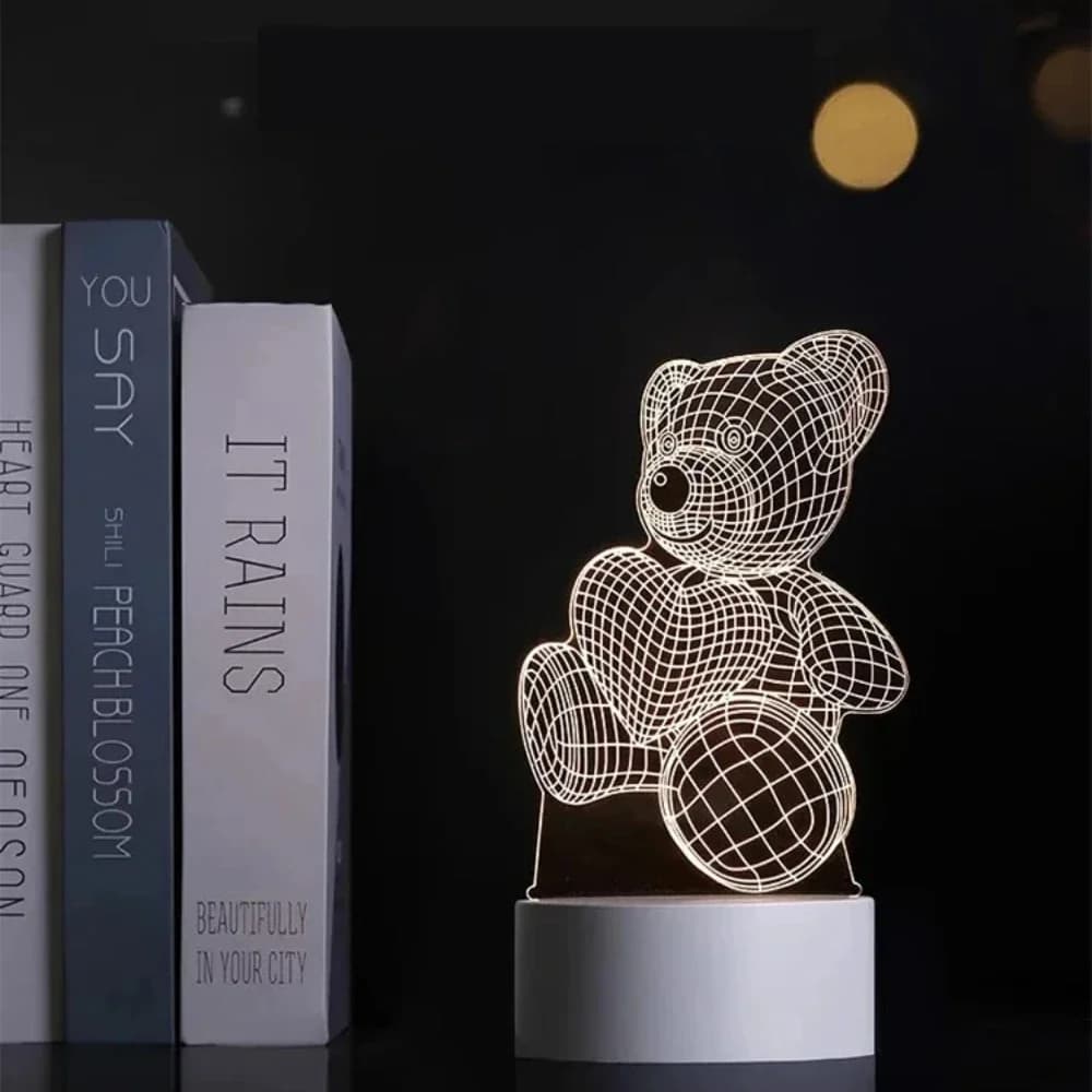 3D noční světlo medvídek, teplé bílé USB akrylový panel