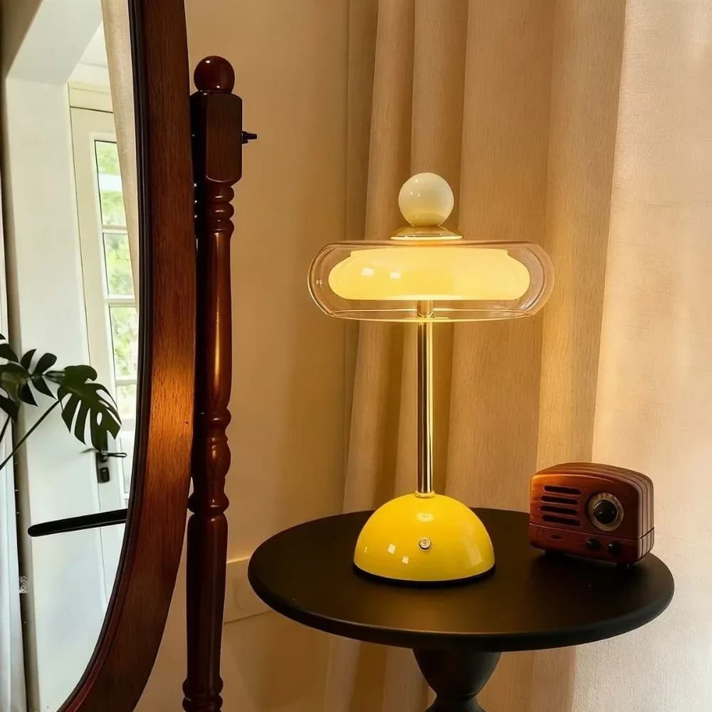 Stolní LED lampa ze skla a železa s stmíváním a dotykem