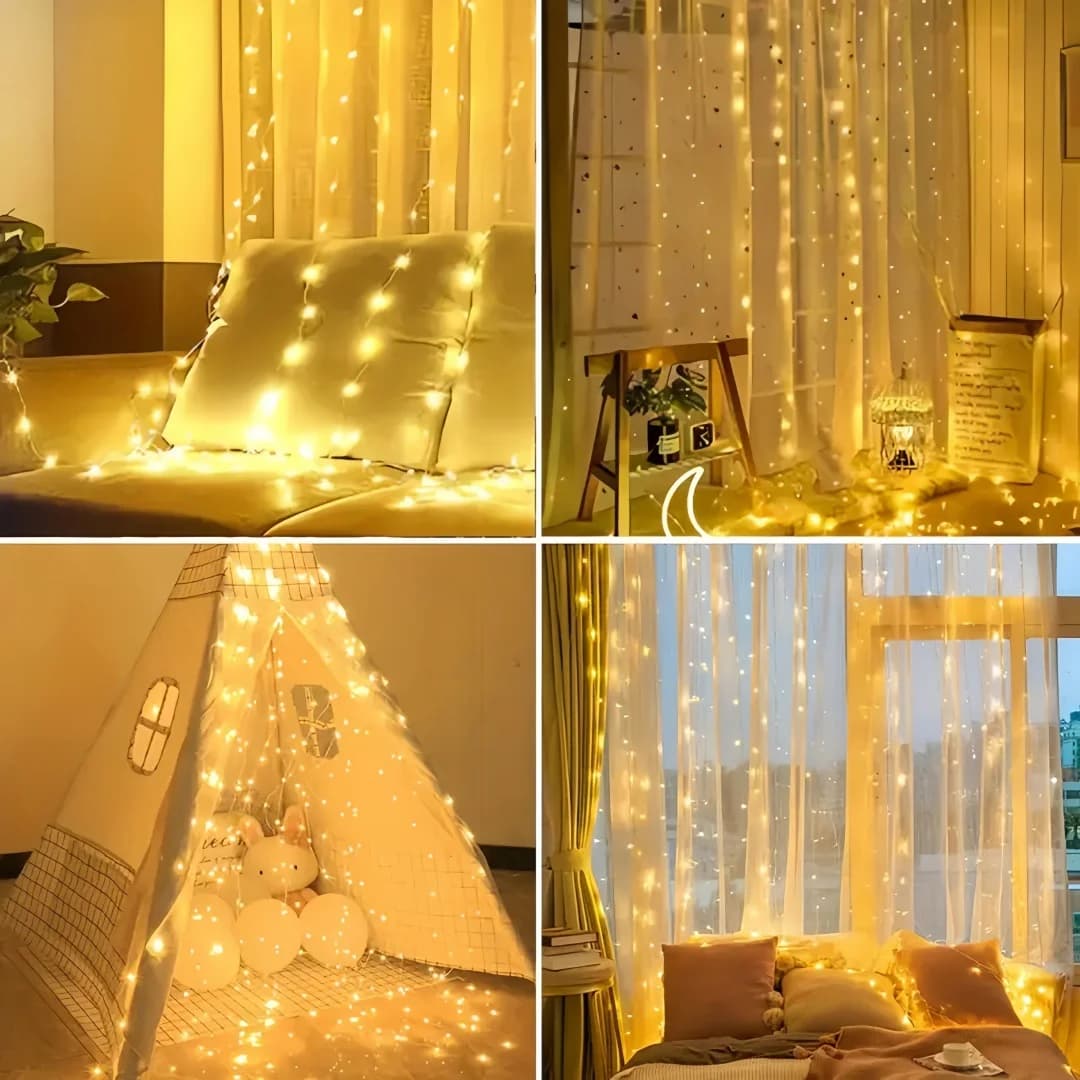 Teplá bílá sluneční LED řetězová světla s měděným drátem (záclona)