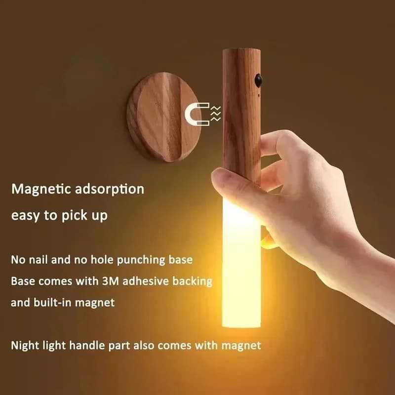 Nabíjecí dřevěná nástěnná lampa s magnetickým pohybovým senzorem