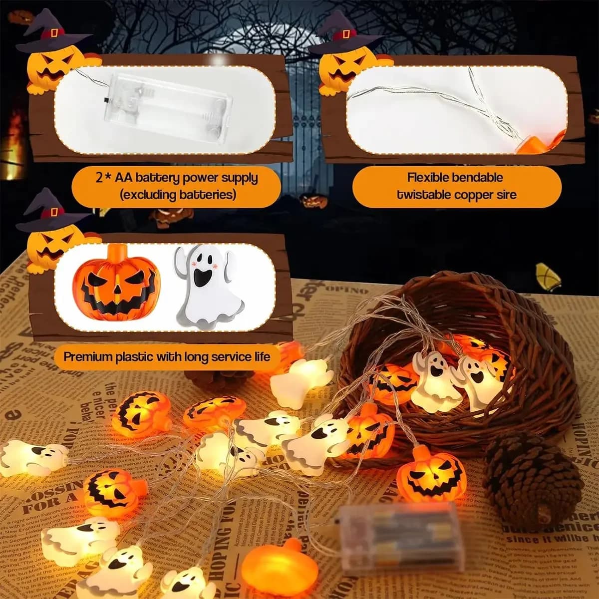 LED řetěz na baterie s motivem duchů a dýní Halloween