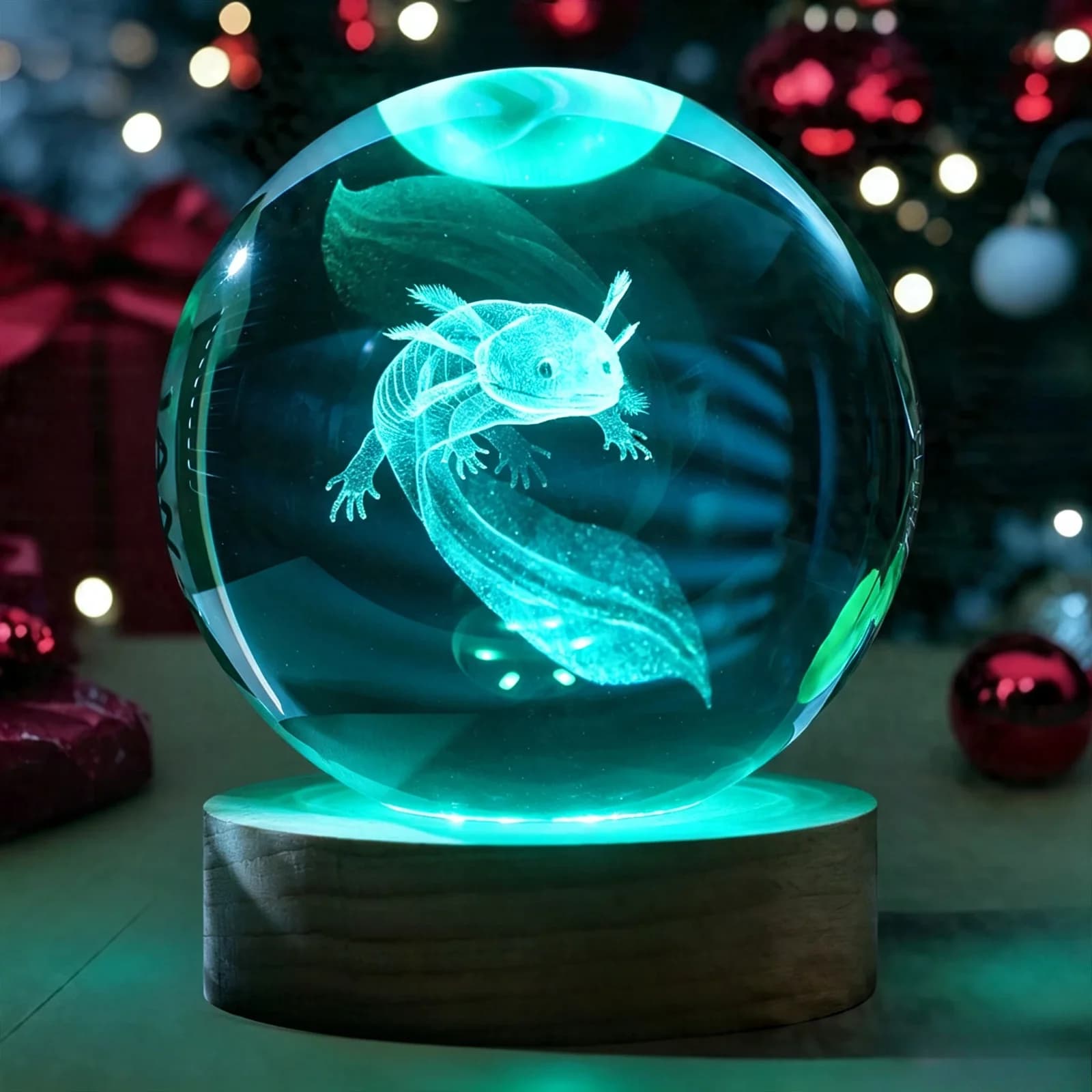 Noční světlo s krystalovou koulí 3D axolotl, vícebarevné LED