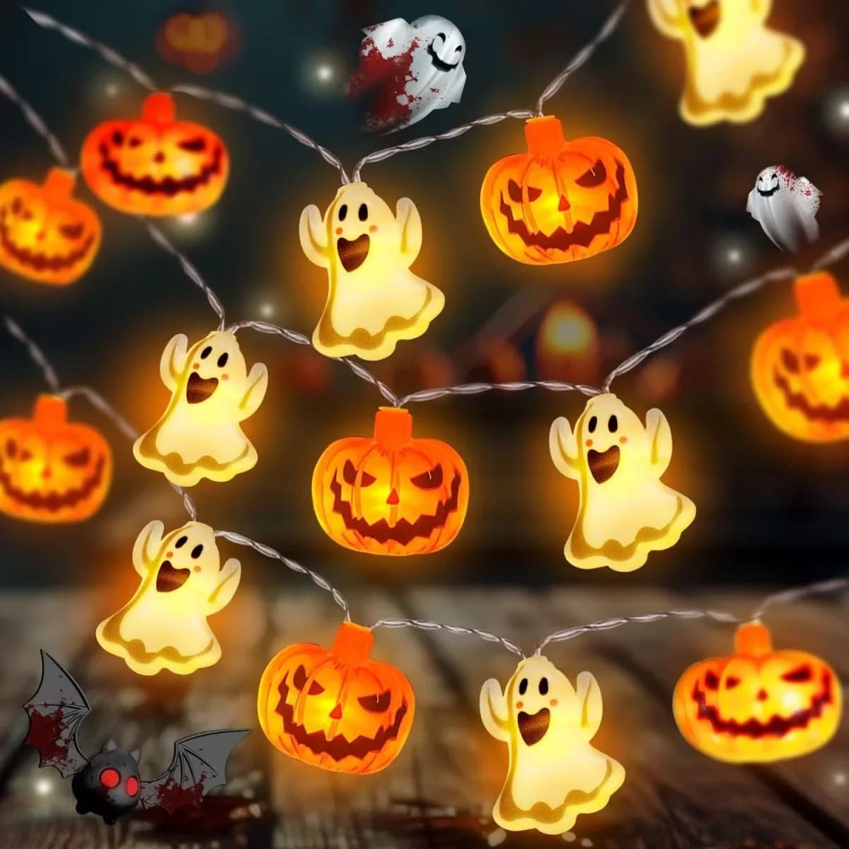 LED řetěz na baterie s motivem duchů a dýní Halloween