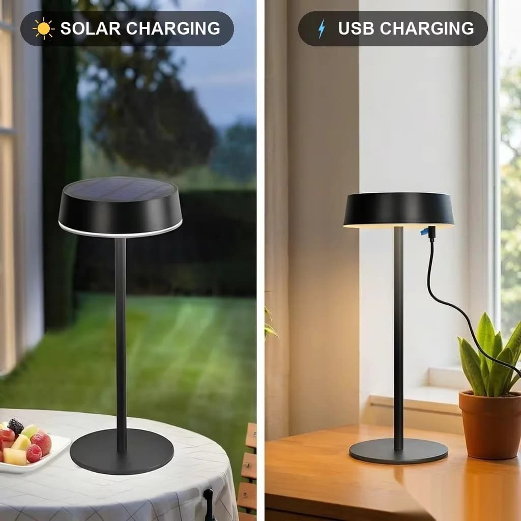 Solární LED stolní lampa, dvojité nabíjení USB, stmívatelná