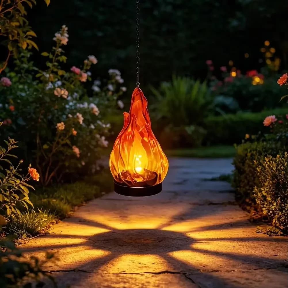 Plastová solární lampa ve tvaru plamene na zavěšení pro zahradní cesty