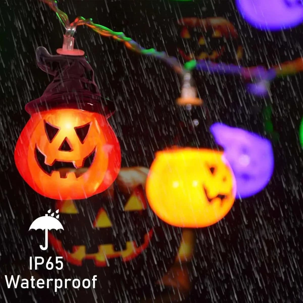 Barevná LED řetězová světla na Halloween – dýně, klobouky a duchové