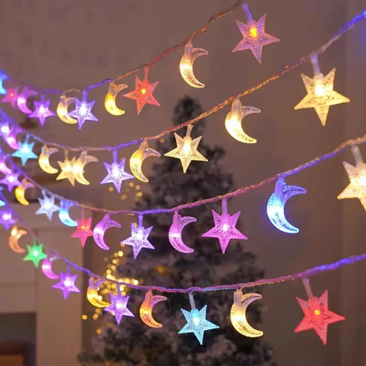 Solární řetězová světla hvězdy a měsíc, teplá bílá/multicolor