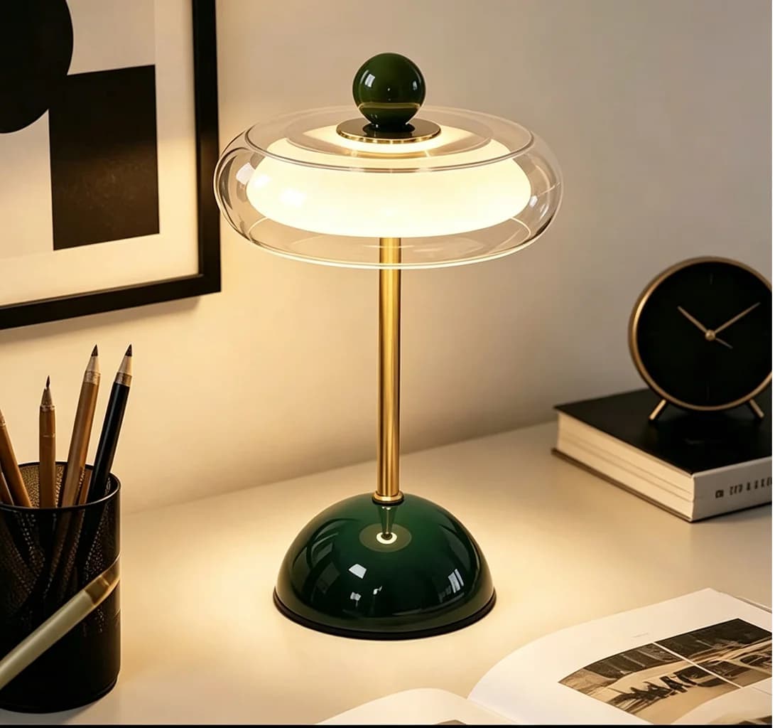 Stolní lampa ve stylu mid-century se sklem a železem, dotykem ovládaná