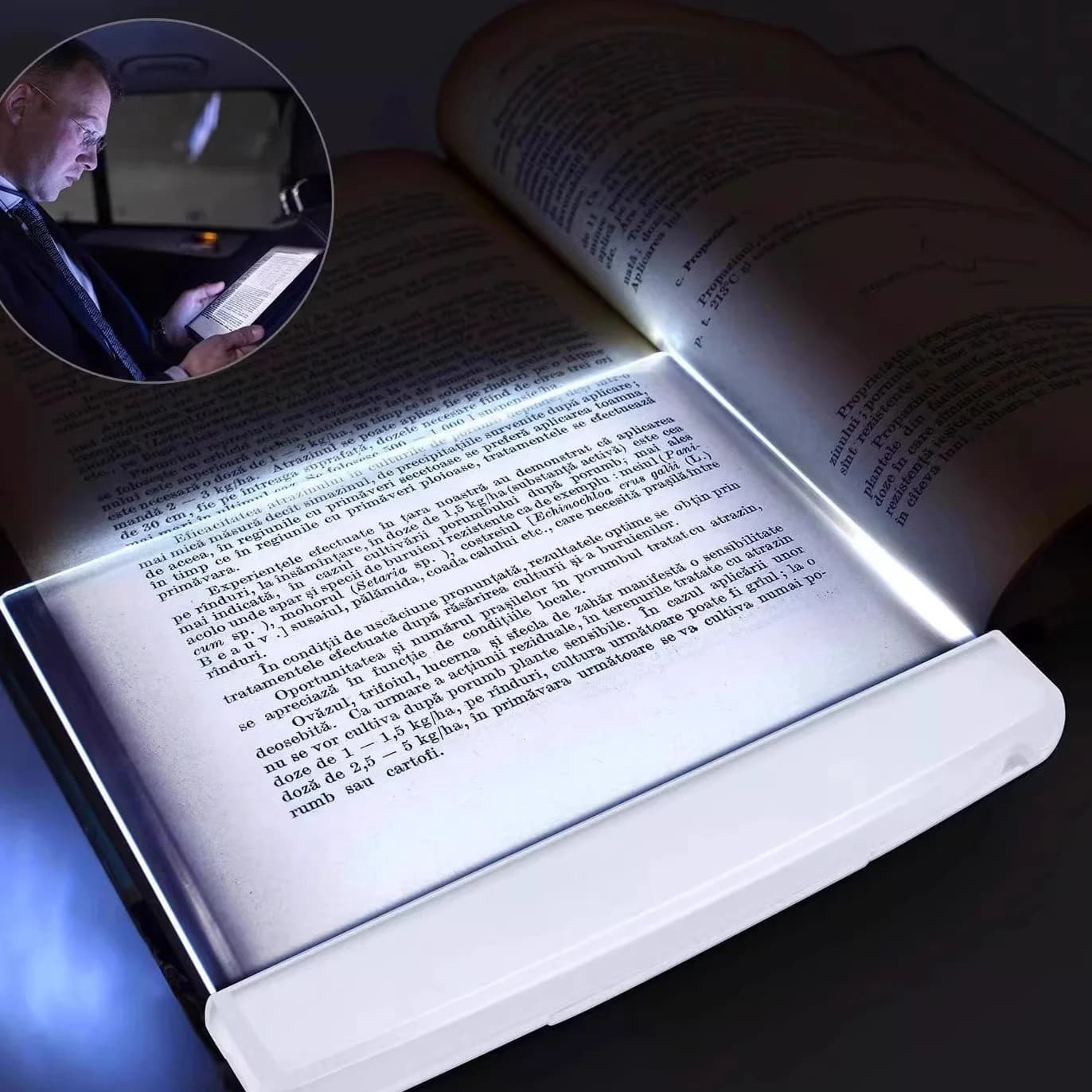 Ploché LED čtecí světlo na knihu, bateriové, přenosné