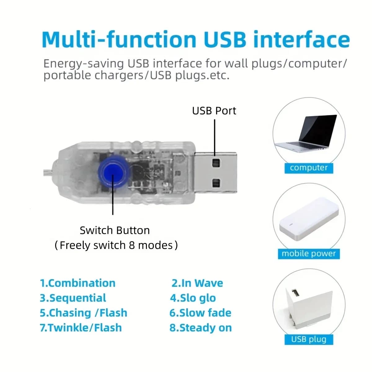 USB vánoční vodopádové světelné řetězy, teplá bílá