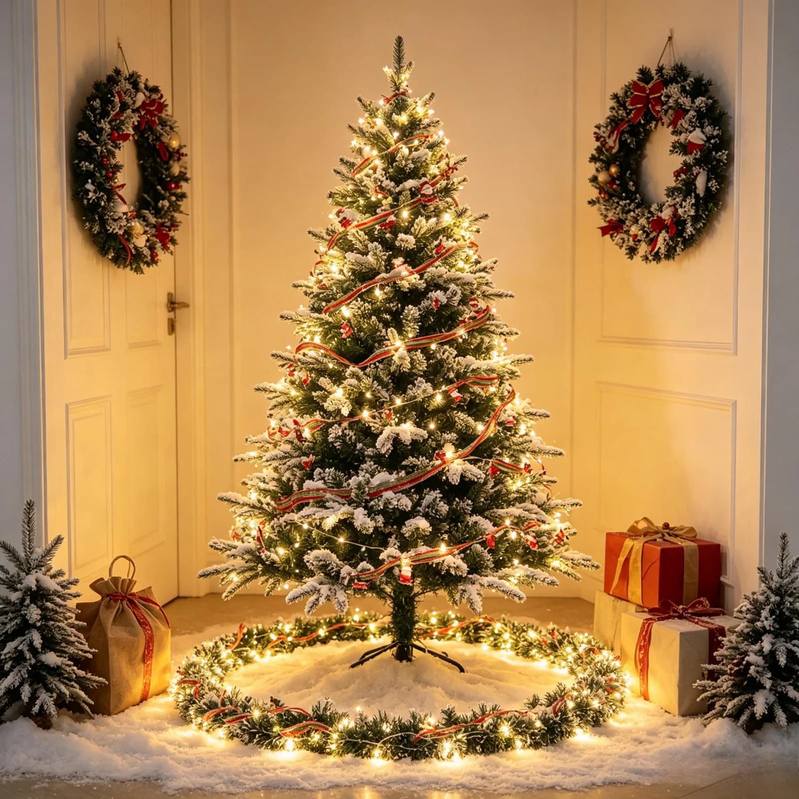 Teplé bílé LED světelné řetězy s vánočními ozdobami a Santa Claus